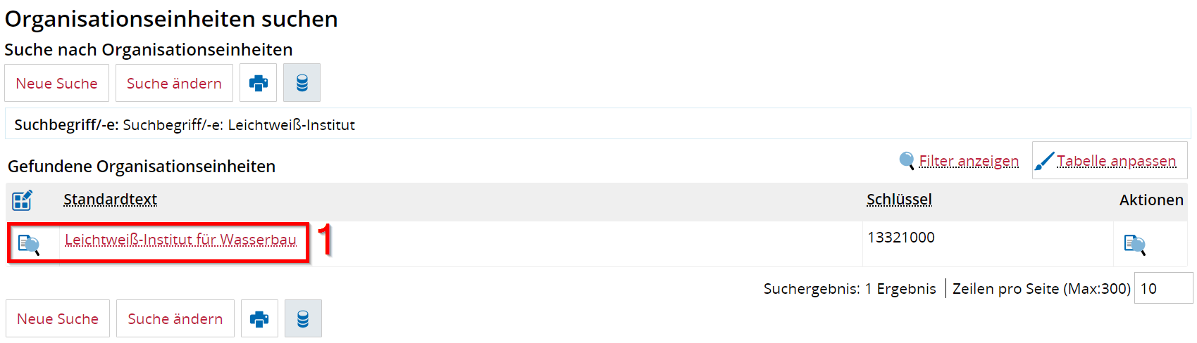 Liste von gefundenen Organisationseinheiten