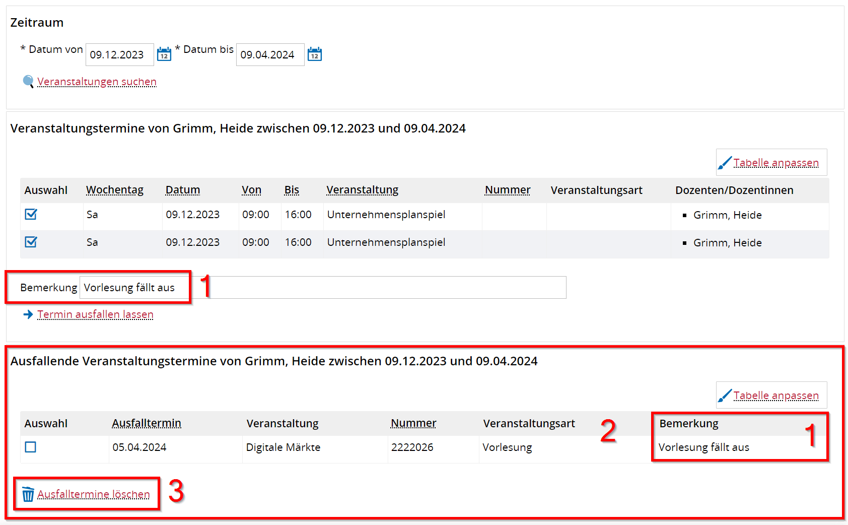 Ausfalltermine wieder löschen