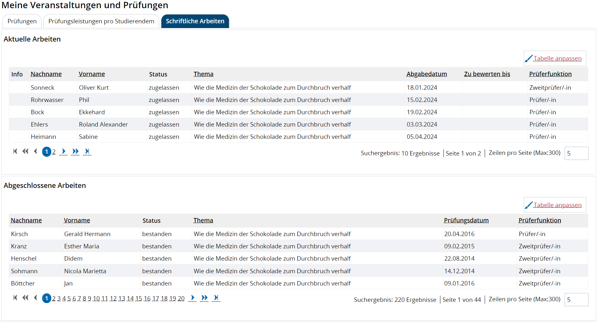 Auflistung aktueller und abgeschlossener schriftlicher Arbeiten