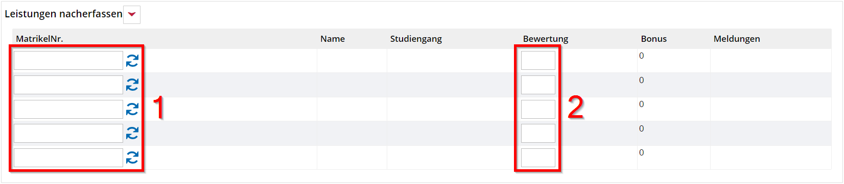 Maske zur manuellen Nacherfassung von Studierenden