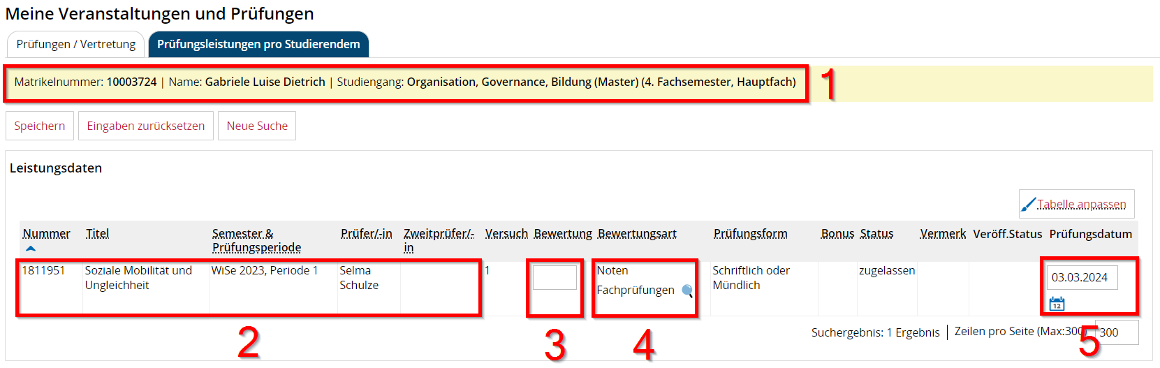 Ergebnisliste zur Suche der Leistungen