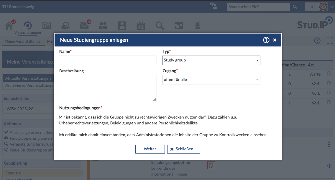 Ansicht Studiengruppen anlegen