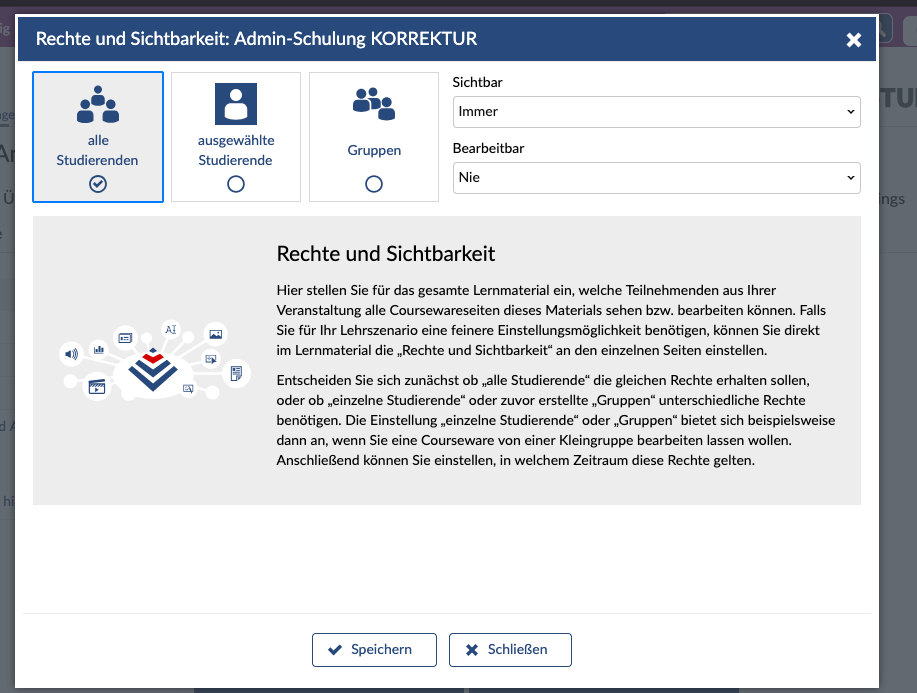 Rechte und Sichtbarkeiten Menü