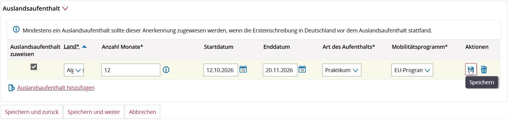 SIP Auslandsaufenthalt (Zusatzangaben)